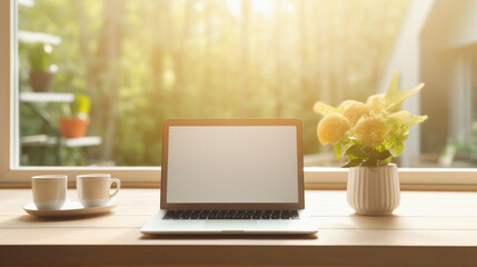 Laptop computer with blank screen on wooden table and coffee cup in morning sunlight