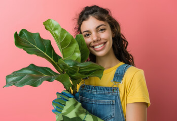 A young smiling woman holding a houseplant isolated on a color background