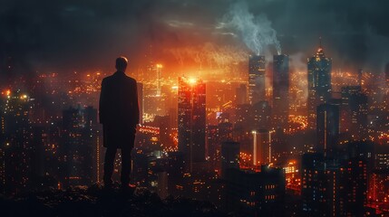 Man Observing Cityscape at Night