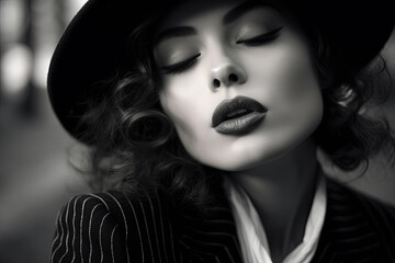 Beautiful fashionable woman in the streets of Paris with Eiffel Tower in background. 1980s style black and white photography. Ai Generative