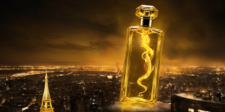 Mockup For Design Of A Glass Yellow Perfume Bottle On A Night City Background