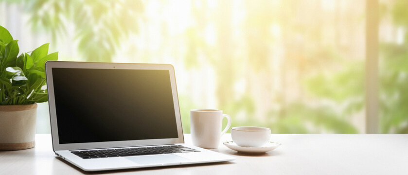 Laptop and coffee cup on wooden table with blurred nature background .