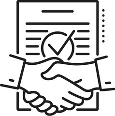 Partnership line icon. Isolated vector monochrome linear sign, depicting two hands in a handshake, symbolizing agreement, collaboration, trust, and mutual understanding in a minimalist outline design