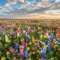 A stunning image showcasing the diversity of a wildflower meadow bathed in the warm light of dusk