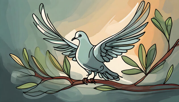 Peace dove with olive branch in One continuous line drawing. Bird and twig symbol of peace. Generative AI.
