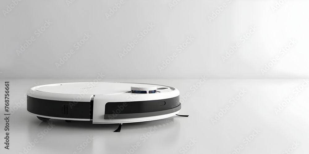 Poster robotic vacuum cleaner efficiently tidying up digital messes on a clean white background with ample 