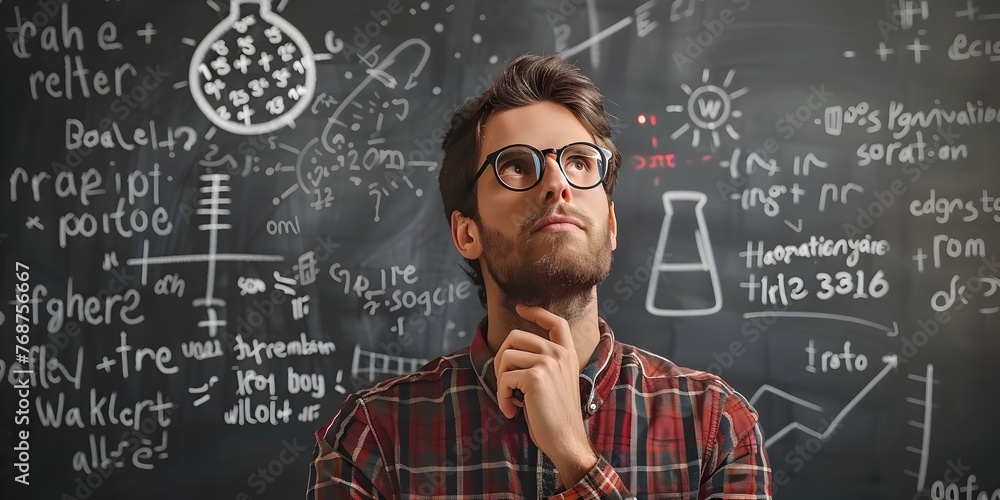 Poster scientist solving complex equations on whiteboard with calculator in laboratory workspace