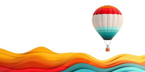 Hot Air Balloon Soaring Over Peaceful Landscapes on Vibrant White Background with Copy Space