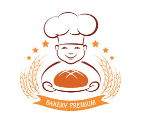 Bakery logo. Baker with bread. Fresh Baking Shop. Vector illustration. Isolated - 768756653