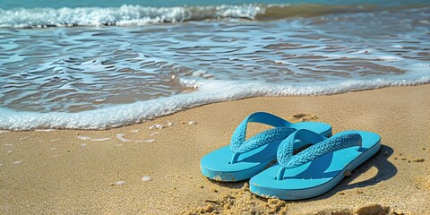 Naklejka premium Pair of Flip Flops on Sandy Shore Inviting Footsteps Towards Beach Bound Bliss on Serene White Background with Copy Space