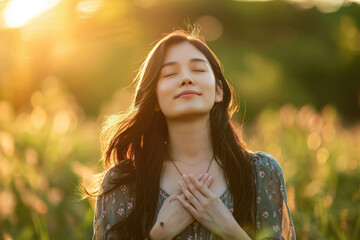 An enchanting shot of a woman standing outdoors, her eyes closed and hands placed on her heart area in a deep breathing pose with a serene expression during sunrise - Powered by Adobe
