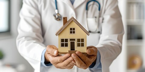 Family Doctor Holding Miniature Home Model Showcasing Accessible Healthcare Solutions - Powered by Adobe