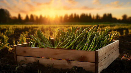 Asparagus harvested in a wooden box in a field with sunset. Natural organic vegetable abundance. Agriculture, healthy and natural food concept.