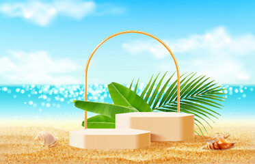 Realistic tropical podium stage with palm leaves, golden arch and sea beach sand. Vector background for beauty and sunscreen products presentation. 3d geometric platforms and arc on summer seaside - 768756869