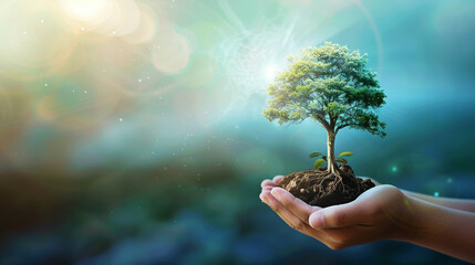 Fototapeta premium Sustainable living concept with a tree growing in human hands, against a blue and green earth background, symbolizing eco-care.