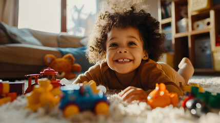 Happy smiling child in the house and playing with toy blocks. Toys for children. Ai - obrazy, fototapety, plakaty