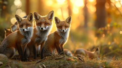 Foxes standing in the forest with setting sun shining. Group of wild animals in nature.