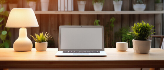 Laptop with blank screen on wooden table in modern office. Workplace concept