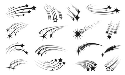 Shooting space stars, falling galaxy comets and meteors with trails, night sky meteorite silhouettes. Cosmic starburst and traces monochrome vector symbols set. Streaks of light and energy in motion