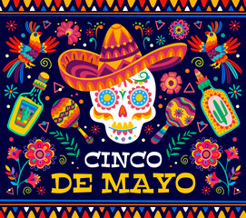 Cinco de mayo mexican holiday banner. Vector greeting card with colorful sugar skull donning a festive sombrero, surrounded by folk motifs of Mexico, tequila and maracas, celebrating cultural heritage - obrazy, fototapety, plakaty