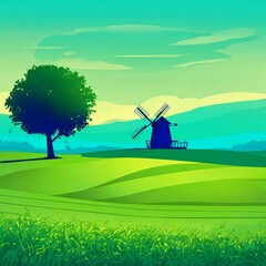 Illustration of landscape with green grass and windmill