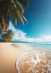 Strand mit Palmen und blauem Meer, Banner im Hochformat, Social Media, Stories, Urlaub, erstellt mit generativer KI