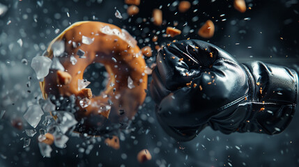 Tight shot of a glove punch shattering a doughnut wall, high contrast, motion blur, 3D concept