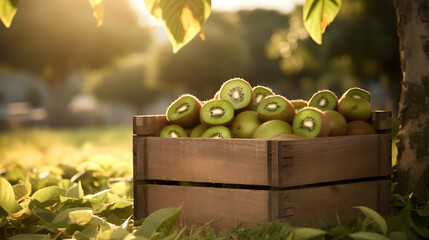 Kiwi fruit harvested in a wooden box in a field with sunset. Natural organic vegetable abundance. Agriculture, healthy and natural food concept.