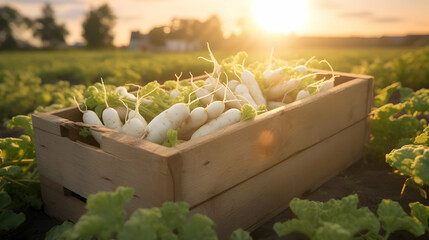 Radish Daikon harvested in a wooden box with field and sunset in the background. Natural organic fruit abundance. Agriculture, healthy and natural food concept. Horizontal composition. - obrazy, fototapety, plakaty