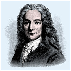 vector colored old engraving of famous French writer, philosopher, satirist, and historian Voltaire, engraving is from Meyers Lexicon published 1914 - Leipzig, Deutschland - 768758029