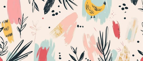 A Scandinavian retro modern vintage style pattern with hen and chicken illustrations that can be used for textiles, cards, or other print projects. - obrazy, fototapety, plakaty