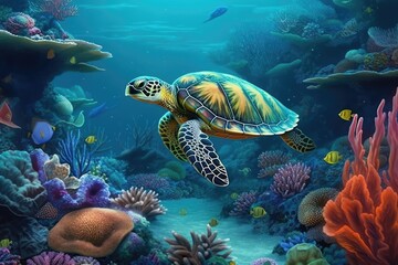 green sea turtle and coral