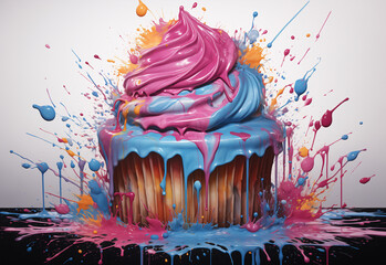Modern illustration of a cupcake. Ink splash up design style.