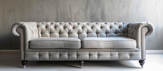 A white tufted sofa is positioned in front of a gray-painted wall in an interior setting.