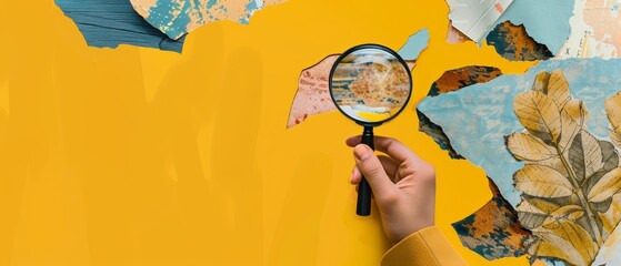 In this collage you can find modern elements with a magnifying glass in hand, as well as trendy shapes. The background is yellow. - obrazy, fototapety, plakaty