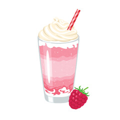 Raspberry milkshake. Vector cartoon illustration of berry cocktail with whipped cream in glass cup. Summer drink flat icon.