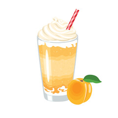 Apricot milkshake. Vector cartoon illustration of fruit cocktail with whipped cream in glass cup. Summer drink flat icon.