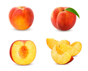 Realistic ripe raw peach fruits, whole with green leaf and cut in half or quarters,, isolated vector. Fresh peach fruit cut in sections without seed for juice or jam package of organic natural food