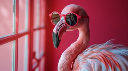 Pink Flamingo in Sunglasses Among Flock
