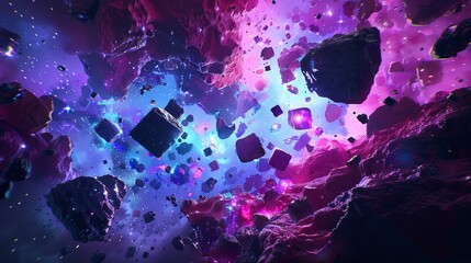 A retro asteroid field video game scene rendered in virtual reality, where purple, pink, and blue lights dash across a digital landscape in a block, cube effect, presented in a 3D render