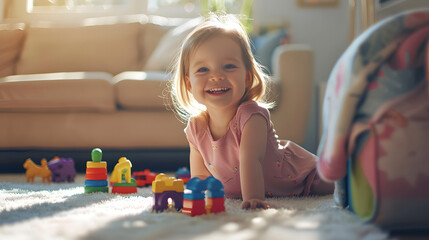 Happy smiling child in the house and playing with toy blocks. Toys for children. Ai
