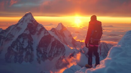 Dawn of Adventure: A Mountaineer's Majestic View - obrazy, fototapety, plakaty