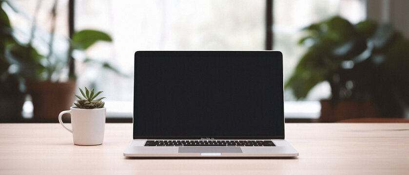 Mockup image of laptop with blank black screen on wooden table in modern office