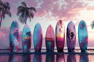 a group of surfboards on the beach