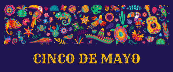 Mexican cinco de mayo holiday party banner with cartoon vector holiday items for celebration in alebrije style. Guitar, sombrero, maracas, hummingbird, pinata, turtle, cacti flowers and chameleon
