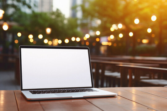 Mockup image of laptop with blank white screen on wooden table in outdoor cafe