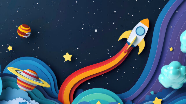 dark galaxy, with a flying rocket, in the colors of the American flag, simple and clean, Space Day, US Independence Day, Fourth of July, June 14, National Flag Day,