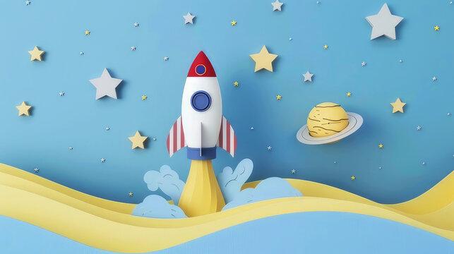 cute rocket in the colors of the American flag standing on a small yellow planet among the starry sky, simple and clean, three-dimensional, Paper art style illustration,