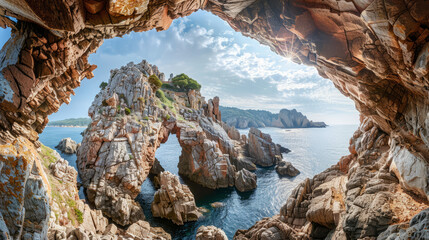 Image showcases striking rock formations with a cave-like structure under a vivid blue sky