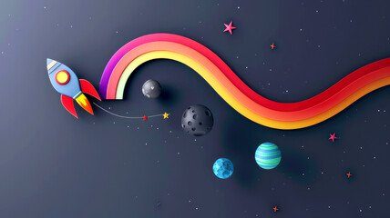 dark galaxy, with a flying rocket, in the colors of the American flag, simple and clean, Space Day, US Independence Day, Fourth of July, June 14, National Flag Day,